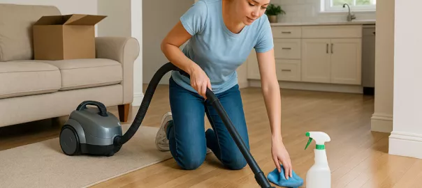 "Person rengör hus efter djurhållning – dammsuger bort päls, tar bort fläckar och använder rengöringsmedel för att eliminera lukt och återställa en fräsch bostad"